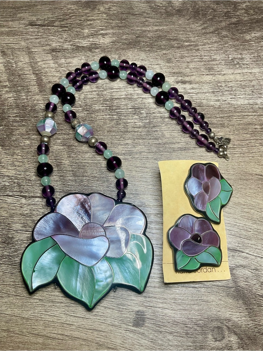 VINTAGE 1980s Karla Jordan mother of pearl mosaic statement jewelry set